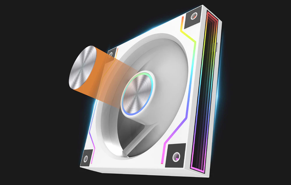 Ventilator alb RGB pentru computer cu un prim-plan al elementului central din aluminiu