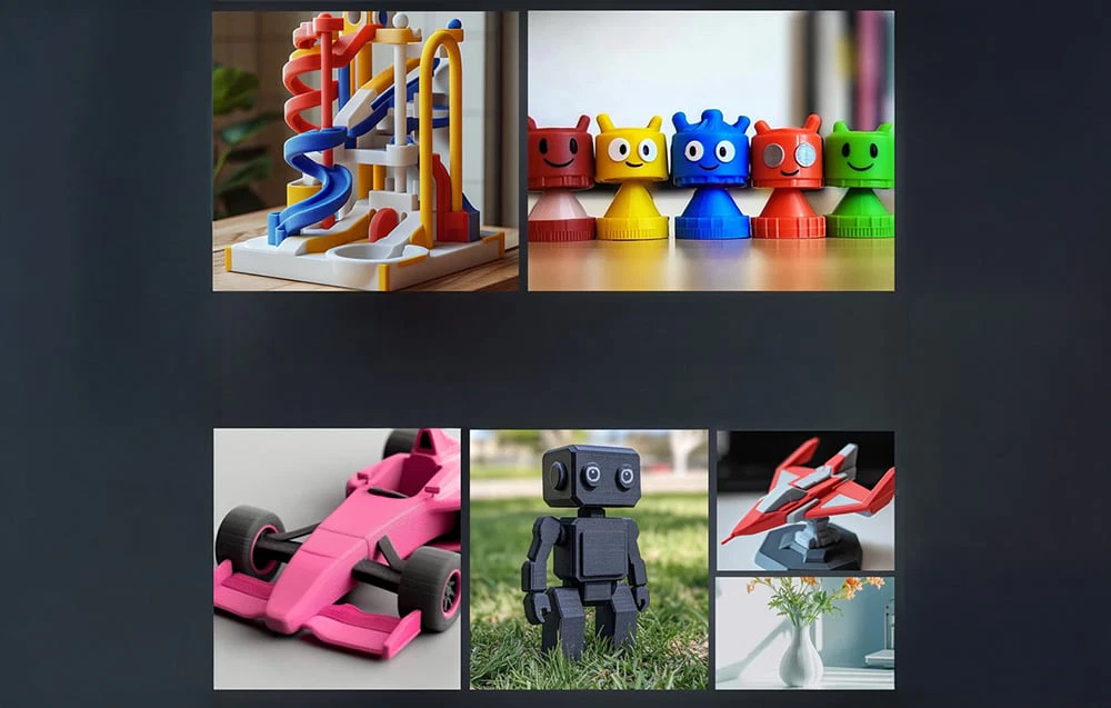Un set de obiecte imprimate colorate, inclusiv un traseu cu obstacole, roboți mici, o mașină de curse și o vază.