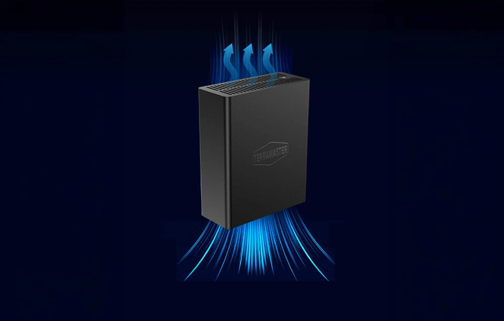 O carcasă neagră pentru hard disk cu grafice care ilustrează fluxul de aer și răcirea dispozitivului