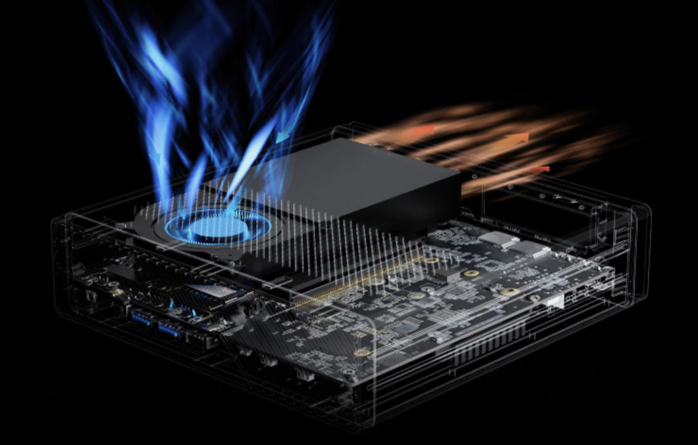 Secțiune transversală a unui computer compact cu efecte de răcire albastre și linii portocalii de flux de aer