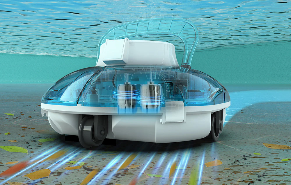 Secțiune transversală a robotului pentru piscină sub apă, arătând componentele interne cu cilindri albaștri și perii care curăță fundul piscinei