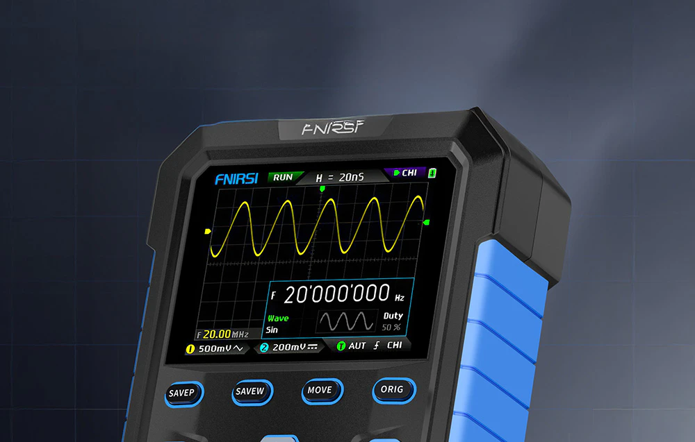 Osciloscop portabil care afișează o undă sinusoidală de 20 MHz cu parametrii undei afișați în partea de jos a ecranului