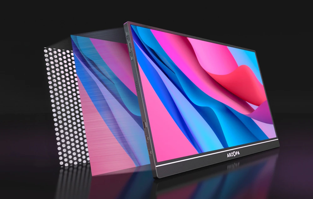 Monitor Arzopa cu tapet colorat pe un fundal negru