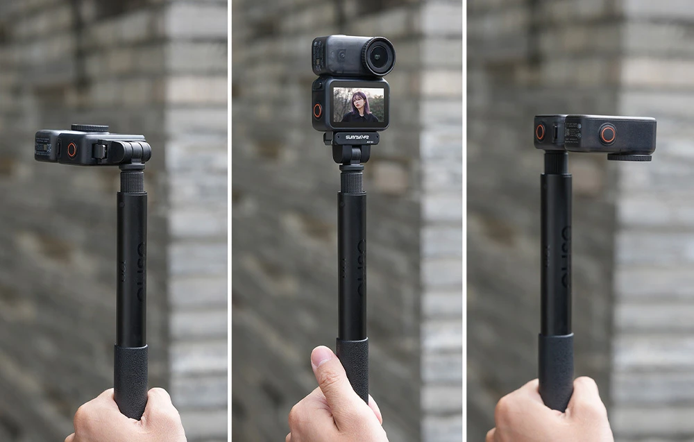 Un set de trei fotografii cu o mână care ține un selfie stick telescopic cu o cameră montată din diferite unghiuri.