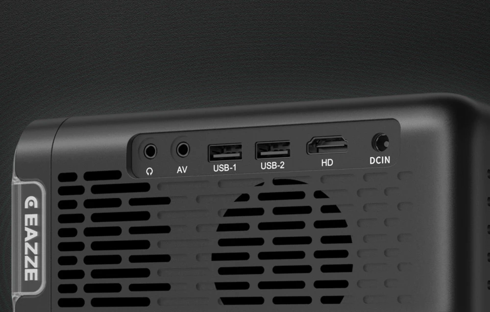 Panoul din spate al proiectorului cu porturi AV, USB, HDMI și de alimentare.