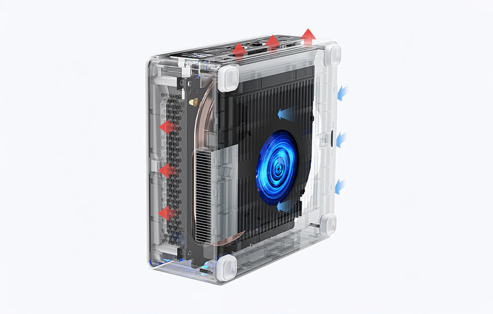 O vedere transparentă a mini PC-ului care arată sistemul intern de răcire cu săgeți albastre pentru intrarea aerului și săgeți roșii pentru ieșirea aerului