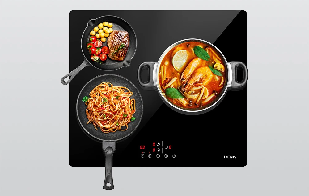 Plită cu inducție IsEasy cu trei oale: tigaie pentru carne, tigaie pentru paste și oală pentru supă