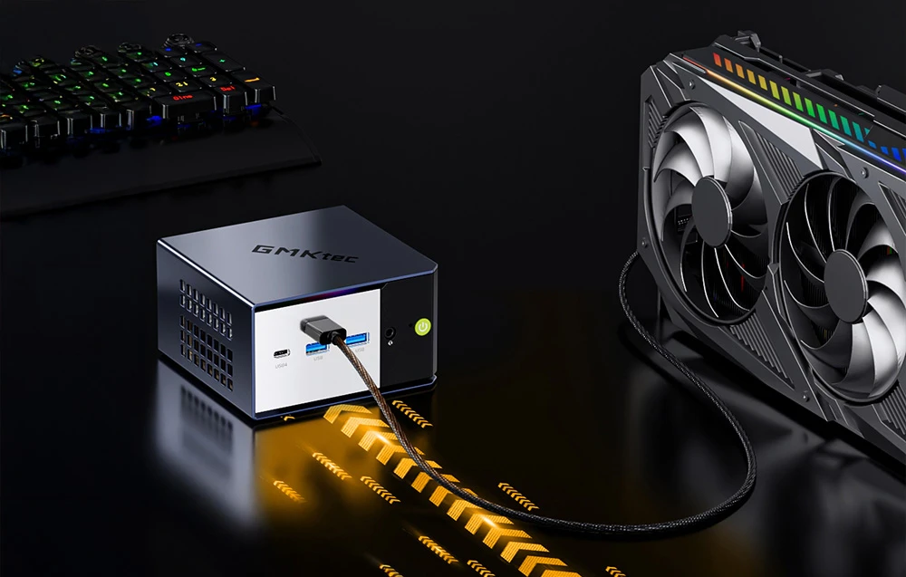 Mini PC-ul se află pe un birou conectat la un alt dispozitiv.