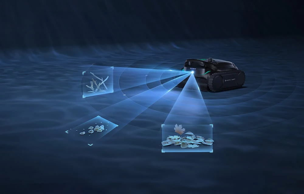 Robotul Wybot M2 cu grafică care arată recunoașterea resturilor de la fundul piscinei