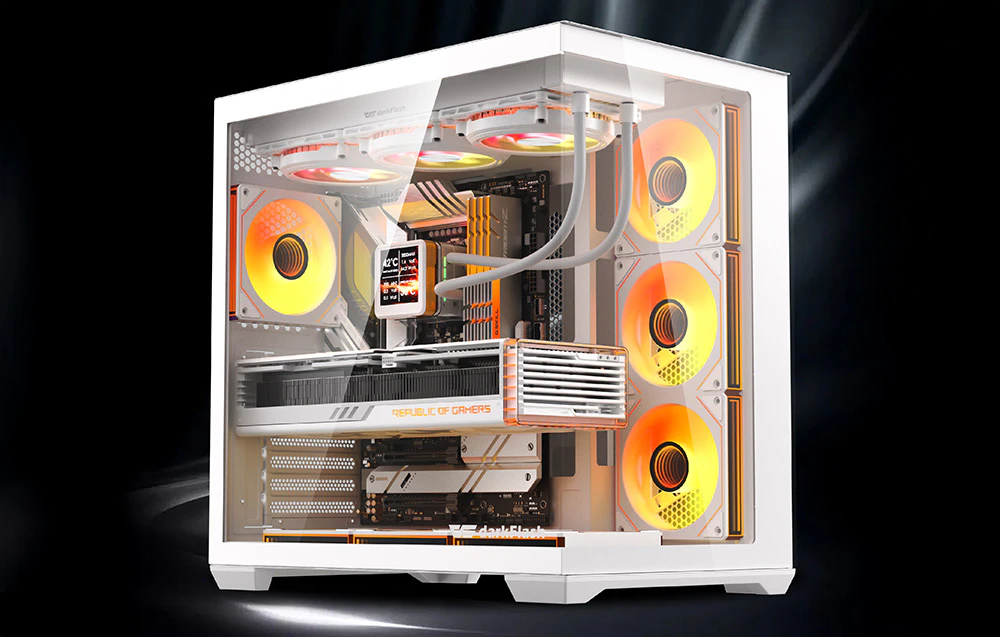 Carcasă albă pentru computer DarkFlash C280 cu panou lateral din sticlă și ventilatoare RGB portocalii