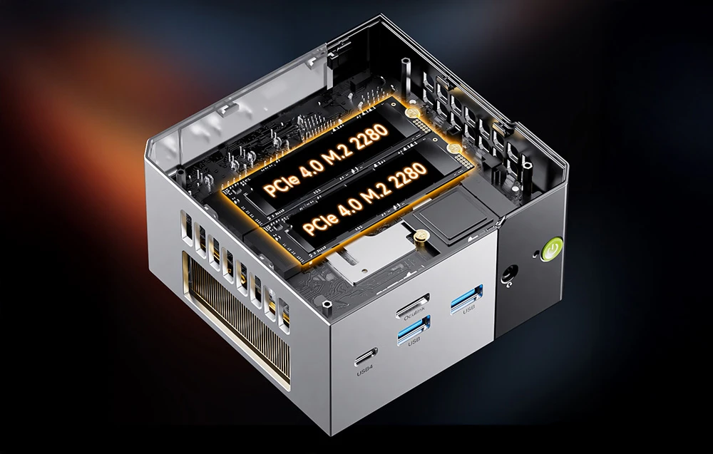 Prim plan al Mini PC-ului PCIe pe un fundal întunecat.