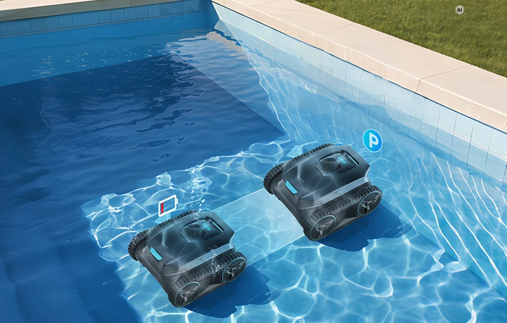 Un robot de piscină sub apă care se întoarce la marginea piscinei când bateria este descărcată
