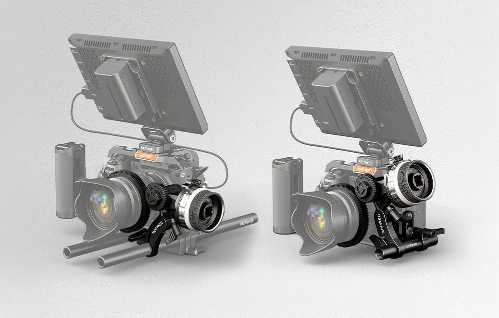Două configurații ale kitului de filmare Neewer follow focus, cu un monitor și o carcasă pentru cameră, pe un fundal luminos.