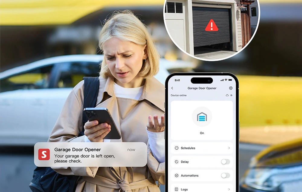 O femeie primește o notificare de ușă de garaj deschisă pe smartphone