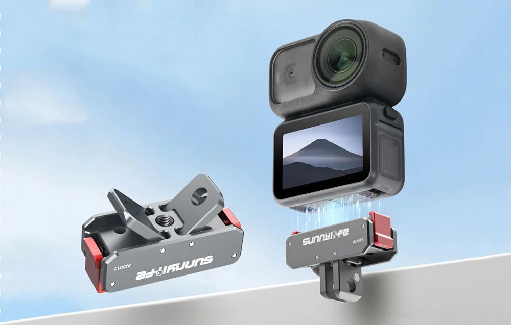 Adaptor de montare Sunnylife pentru camere de acțiune cu sistem quick-mount pe suprafață albă
