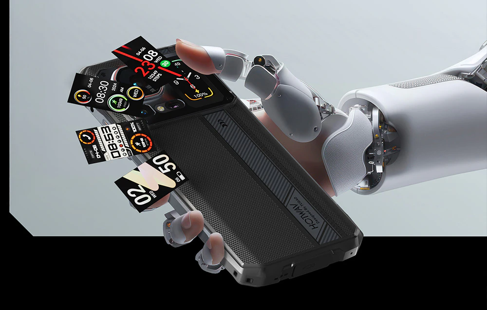 Un braț robotic care ține un smartphone HOTWAV, afișând diverse cadrane de ceas disponibile pe ecranul din spate.