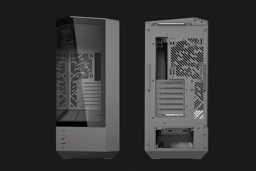Carcasă de computer neagră cu partea din față și din spate care prezintă ventilația și interiorul pe fundal negru