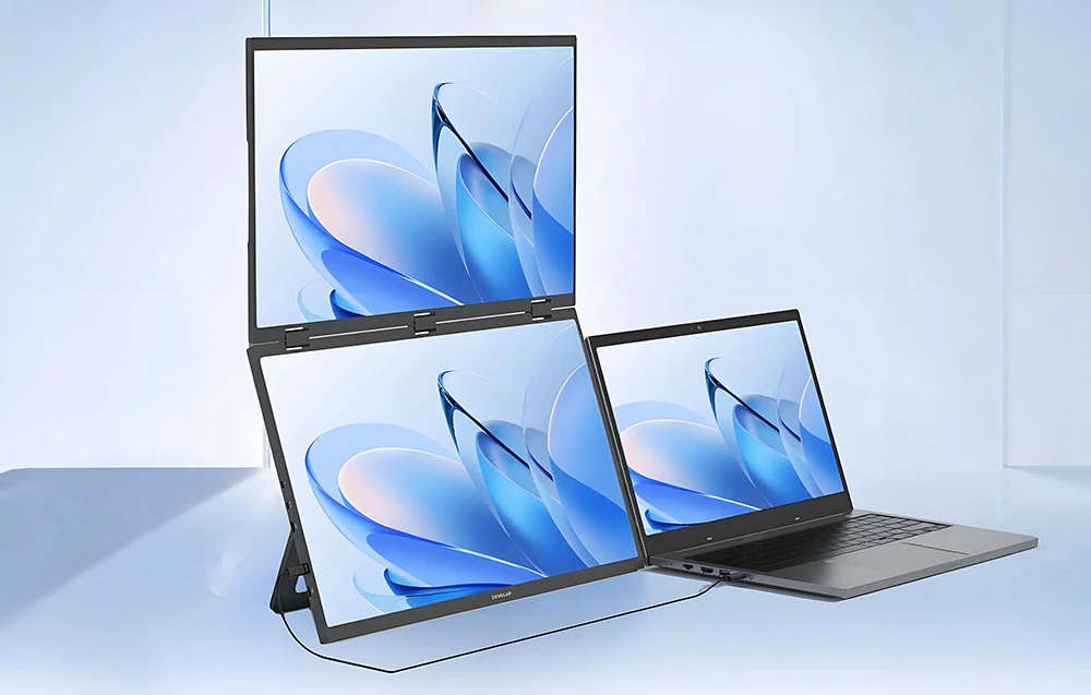 Laptopul funcționează cu monitorul dual ZEUSLAP pentru a crea o configurație cu trei ecrane