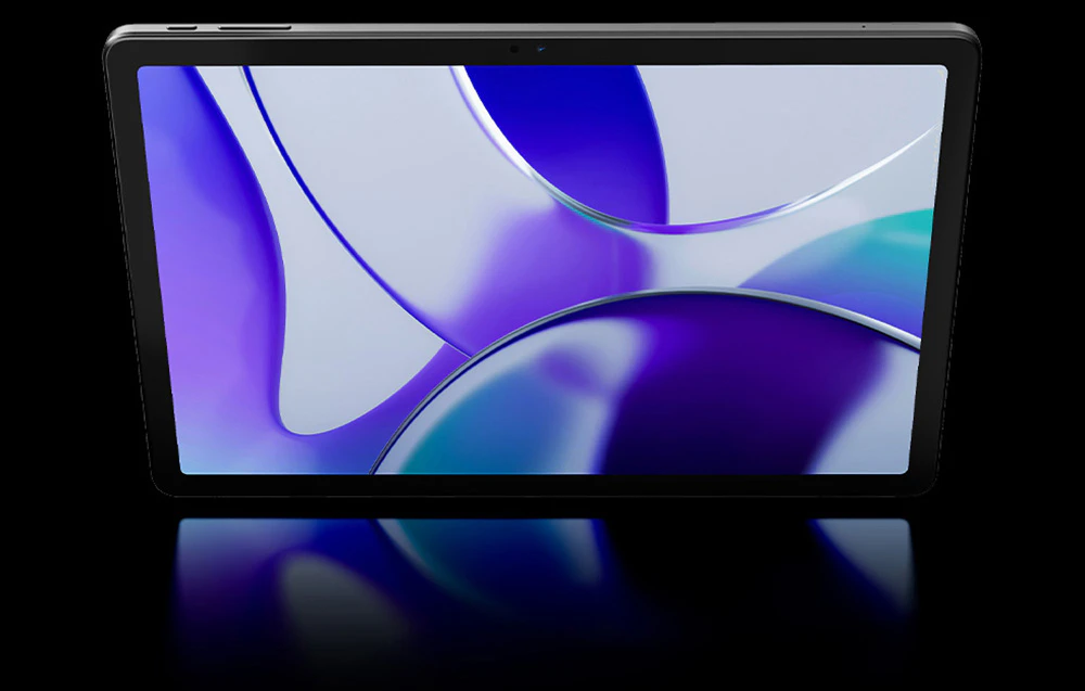 Tabletă cu tapet abstract în purpuriu și albastru, vedere frontală cu reflexie pe suprafața neagră