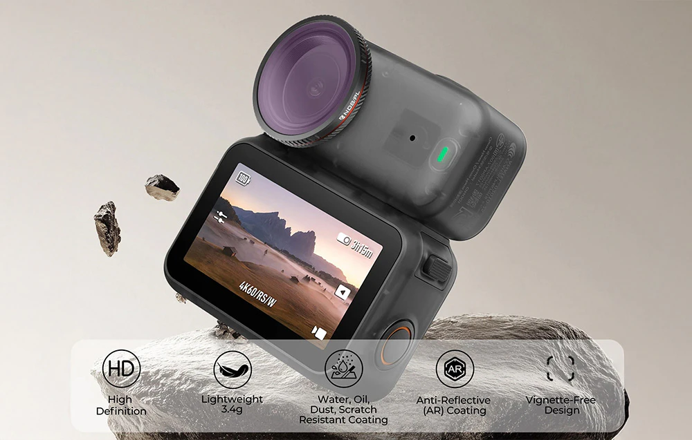 Camera DJI cu filtrul Freewell montat și pictograme cu avantajele: greutate redusă, rezistență HD, fără vignetare.