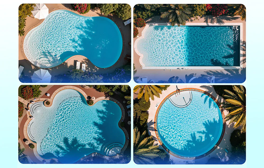Patru piscine cu forme diferite văzute dintr-o perspectivă de ansamblu