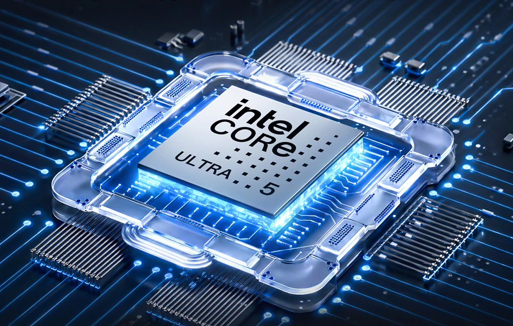 Imagine care prezintă procesorul Intel Core Ultra 5 pe o placă de bază cu iluminare de fundal albastră.