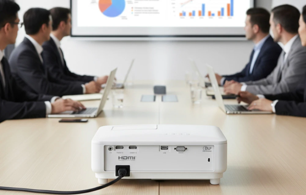 Partea din spate a proiectorului alb, cu conectori vizibili și cuvântul „HDMI”, se află pe o masă la care stau persoane cu laptopuri, uitându-se la ecranul cu grafice.