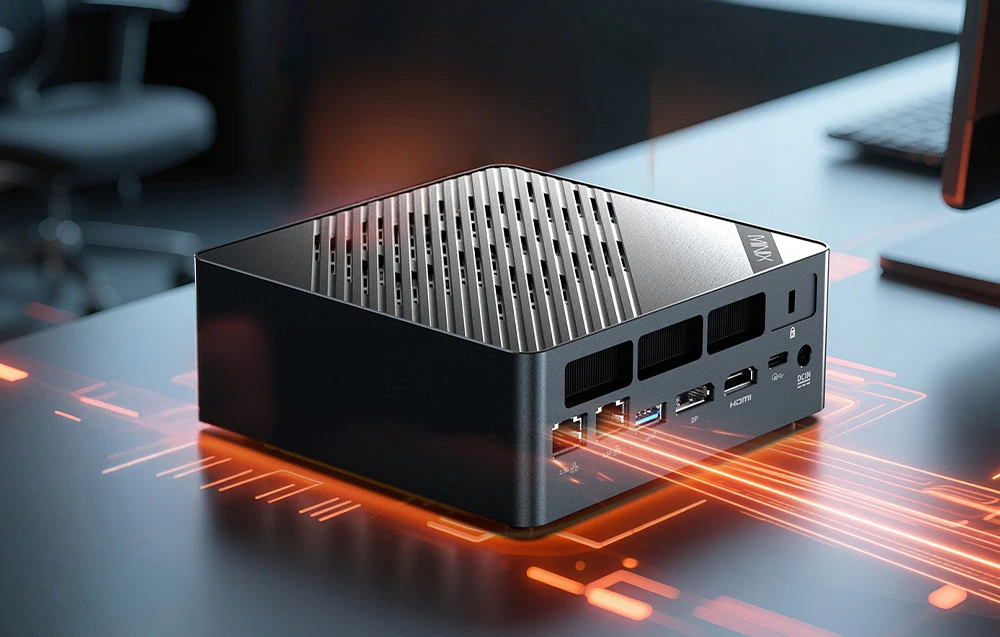 Partea din spate a carcasei negre a Mini PC-ului Minix, cu panoul I/O vizibil pe un birou