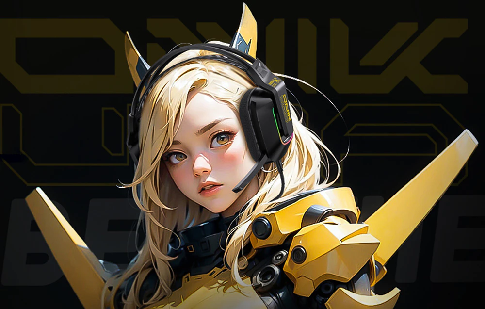Femeie din desene animate cu păr blond și costum galben futurist purtând căști Onikuma