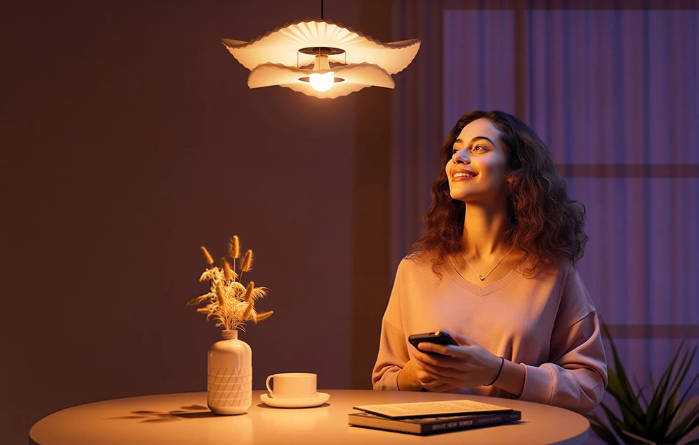 O femeie zâmbitoare stă la masă cu telefonul în mână, privind un bec LED aprins într-un candelabru decorativ de tavan.