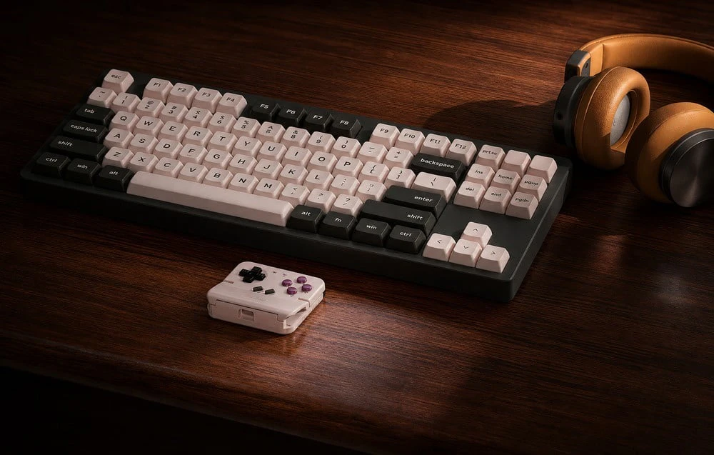 Un controler pliabil pentru smartphone se află pe un birou lângă o tastatură și căști