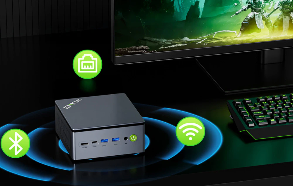 Vedere a dispozitivului lângă o tastatură cu pictograme care indică suport pentru Wi-Fi, Bluetooth și o conexiune Ethernet rapidă.