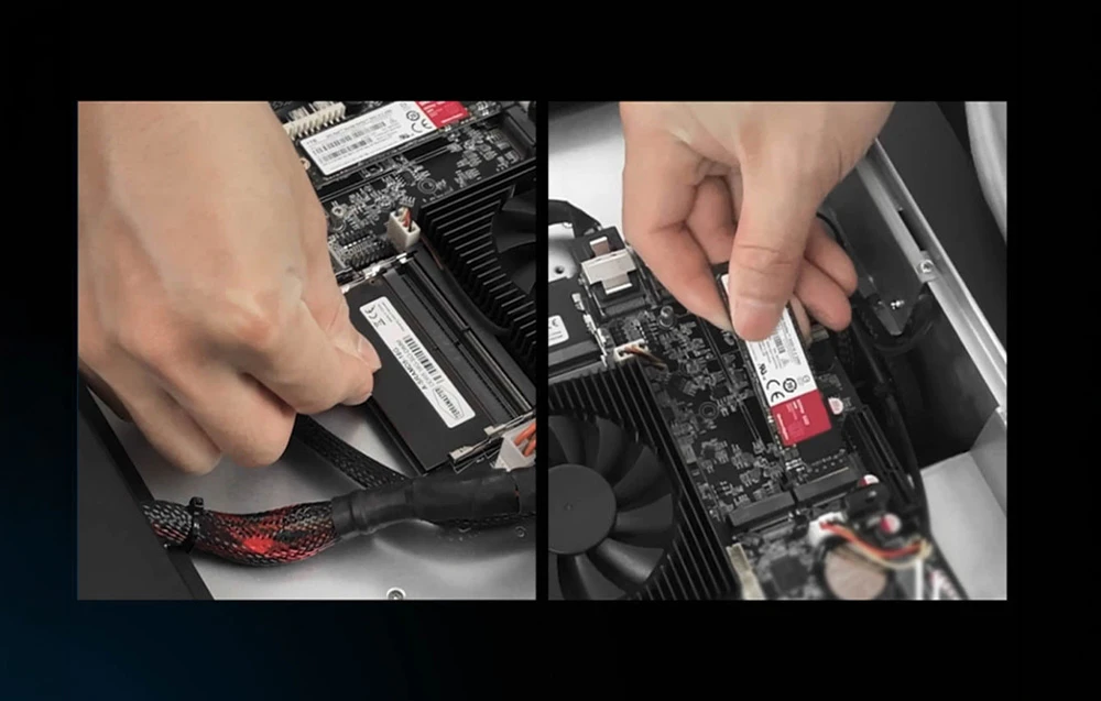 Două fotografii care ilustrează instalarea unui modul SSD M.2 în interiorul serverului de fișiere NAS