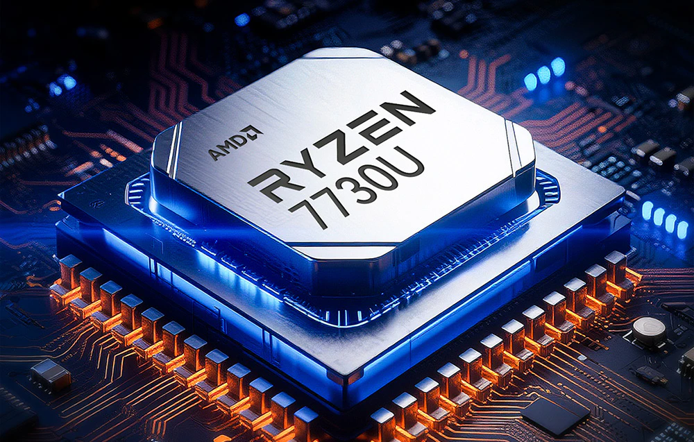 Procesor AMD Ryzen 7730U cu retroiluminare albastră, montat pe placa de bază