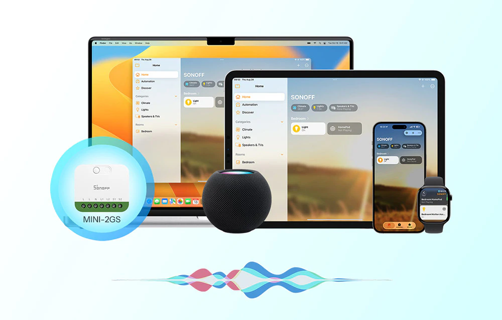 Întrerupător MINI-2GS compatibil cu Apple Home, afișat pe ecranele Mac, iPad, iPhone și Apple Watch, împreună cu difuzorul HomePod