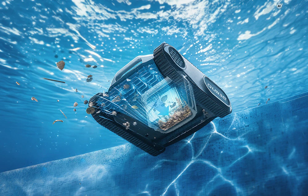Robot de curățare a piscinei care aspiră resturile de pe fundul piscinei sub apă, cu elemente grafice vizibile ale filtrului