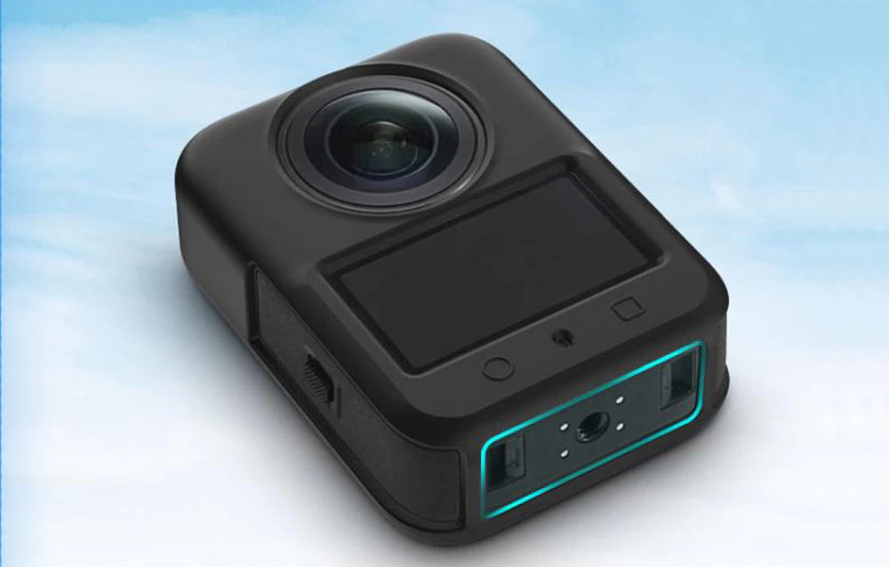 Cameră neagră de 360 de grade pe fundal alb și albastru