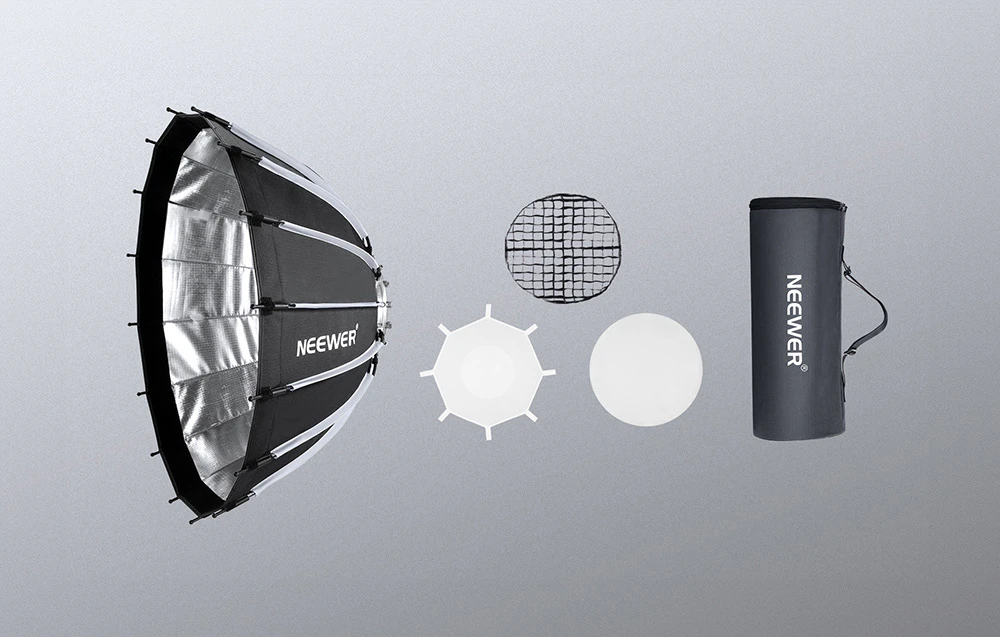 Kit de accesorii pentru softbox Neewer, inclusiv softbox parabolic, grilă cu fagure de miere, două straturi de difuzoare și geantă de transport