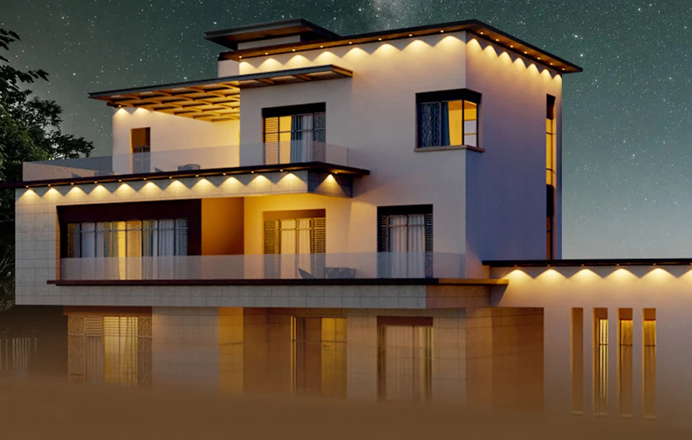 Casă albă, cu mai multe etaje, iluminată de lumini LED galbene