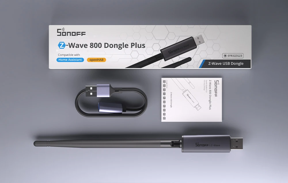 Kit gateway Sonoff Z-Wave cu antenă, cablu, manual de utilizare și ambalaj