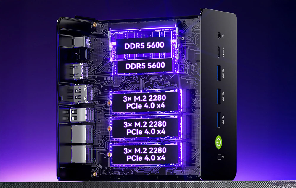Secțiune transversală a computerului care arată două module RAM și trei compartimente pentru hard disk în interiorul carcasei