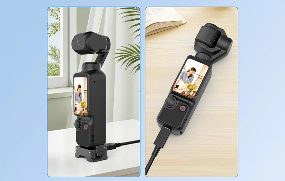 Două grafice cu camere DJI și adaptoare Puluz la care sunt conectate cabluri USB