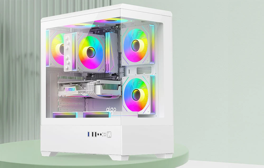 Carcasă albă pentru computer cu ventilatoare RGB într-un cadru verde