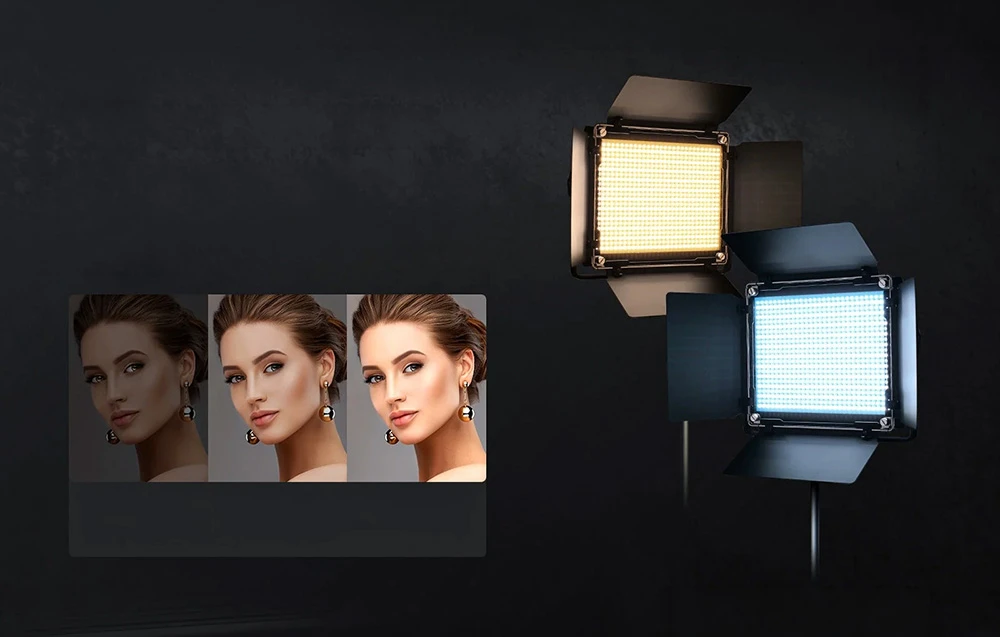 Două lămpi care emit lumină caldă și rece. Lângă ele se află trei fotografii care arată efectul schimbării luminozității asupra feței modelului.