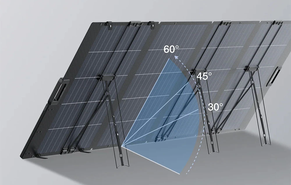 Panouri solare pe suporturi reglabile, marcate cu unghiuri de înclinare de 30°, 45° și 60°