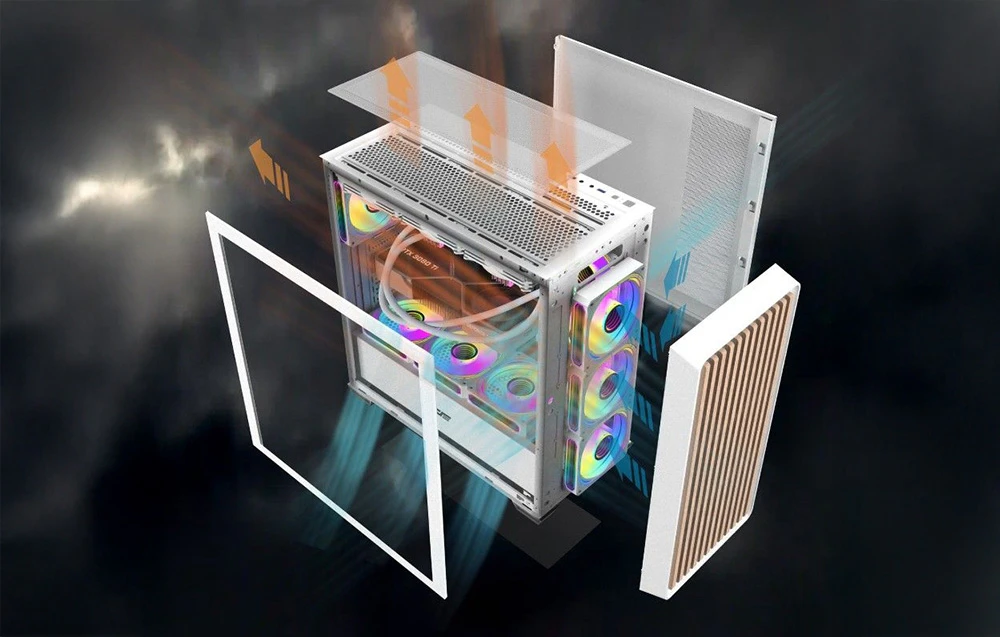 Carcasă albă pentru computer cu ventilatoare și săgeți care sugerează direcția fluxului de aer