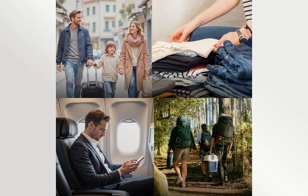 Patru fotografii de lifestyle care ilustrează călătoria cu avionul, împachetarea hainelor, o excursie la munte și o plimbare în familie
