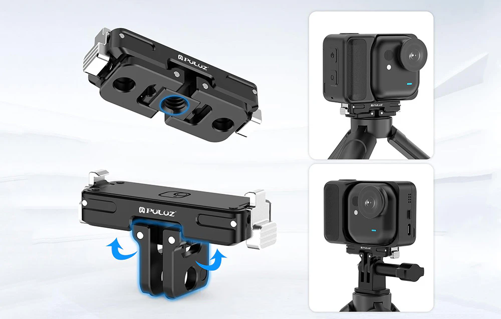 Suport de montare pivotant marca Puluz prezentat din diferite părți și montat pe camera sport