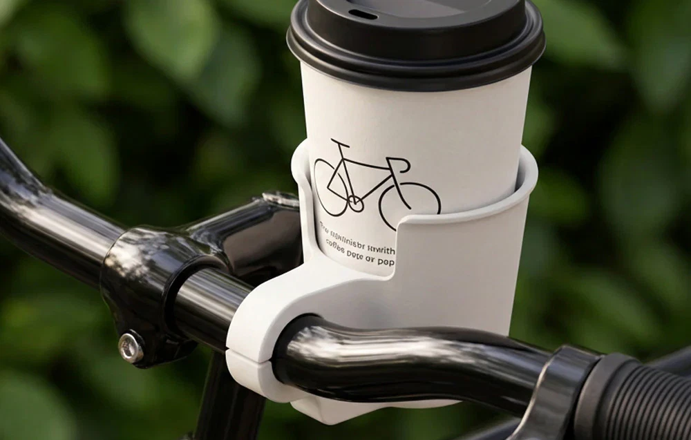 Un suport pentru ceașcă de cafea de culoare deschisă, fixat solid pe ghidonul unei biciclete negre, pe fundalul unor frunze verzi.
