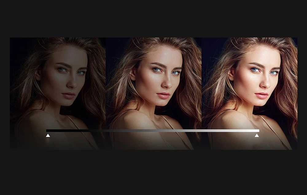 Trei fotografii ale aceleiași femei care ilustrează reglarea lină a intensității luminoase de la întuneric la lumină puternică.